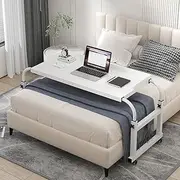 Over Bed Desk Adjustable 115-210cm, Overbed Table with Wheels Standing Workstation Desk Laptop Cart Bed Tables Adjust Height 65-95cm for Twin/Full/Queen/King Size Bed Frame(White)