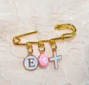 Personalised Baby Safety Pin Brooch Pink Evil Eye White Cross & Initial Charm