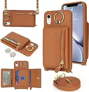 SunYoo for iPhone XR Crossbody Case with Card Holders Money Slots Zipper Coin Purse Rotatable Ring Kickstand Cover Wristlet Strap Lanyard Litchi Leather Wallet Flip Cover for iPhoneXR Brown