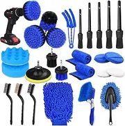 Rainbow-AU 26Pcs Car Detailing Brush Set, Car Detailing Kit, Auto Detailing Drill Brush Set, Car Detailing Brushes, Car Buffing Sponge Pads Kit, Car Cleaning Tools Kit for Interior, Exterior, Wheels