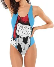 [RPLIFE] Soccer Ball Santa Claus Hat Blue One-Piece Bathing Suit, Open Back One-Piece Swimsuit One-Piece Bathing Suit for Women Cheeky