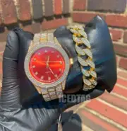 MENS HIP HOP GOLD PT LUXURY FULL BLING OUT WATCH & ICED CUBAN BRACELET GIFT SET