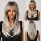 Ombre Gray Wigs With Curtain Bangs Long Straight Wigs for Black Women With Da...