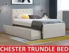 CHESTER KING SINGLE SIZE W TRUNDLE WHITE OAK BEIGE FABRIC BED FRAME