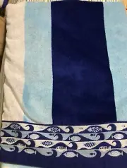 Terrisol Blue Stripe Fish Hem Beach Towel Velour Face Terry Back 68" x 34" NWT