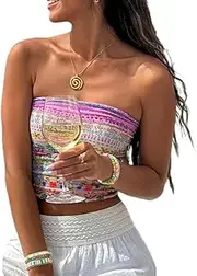 [Keliholiyu] Y2k Boho Floral Tube Top Women Sexy Strapless Crop Bandeau Tops Backless Aesthetic Graphic Going Out Cami Shirt
