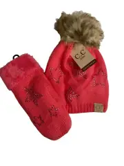C.C Kid New Candy Pink beanie with Matching Mittens rhinestone stars pattern