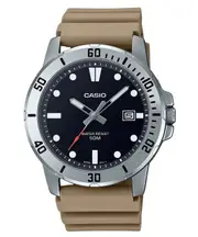 Casio Analog Beige Resin Strap Black Dial Quartz Date MTP-VD01-5E 50M Mens Watch