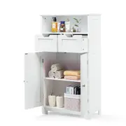 Giantex Bathroom Floor Cabinet Storage Display Organizer Double Doors Side Cabinets Sideboard W/Open Shelf&2 Drawes&Adjustable Shelves White