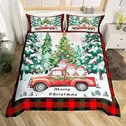 Xmas Duvet Cover Set Queen Size,Christmas Tree Retro Red Truck Bedding Set Kids Boys Girls Room Decor,Black Red Plaid Comforter Cover 3Pcs,Merry Christmas Bedspreads Cover,2 Pillowcases(NO Comforter)