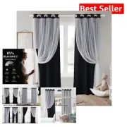 Sophisticated Black Double Layer Blackout Curtains with Elegant Sheer Overlay