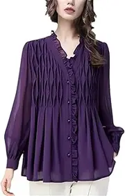 [Generic] Womens Long Sleeve V-Neck Chiffon Blouse Loose-Fitting Pleated Ruffles Spring Summer Tops Button Down Shirts