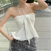 Halter Neck Plain Lettuce Edge Knot Ruched Open Back Crop Top White - One Size