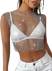 [ChiaoLezhee] Iridescent Rhinestone Crop Top, Rave Concert Festival Outfits Women, Sexy Sparkly Fishnet Tanks, Sheer Mesh Shirt