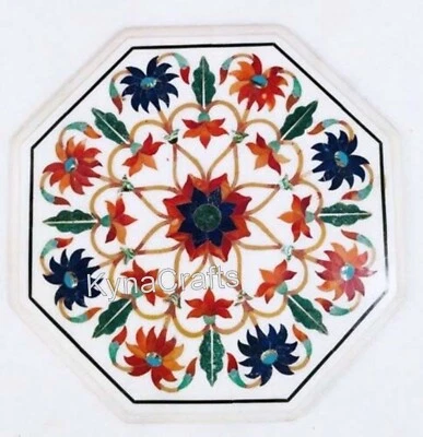 Octagon Marble Coffee Table Top Multicolor Gemstone Inlay Work Corner Table Top