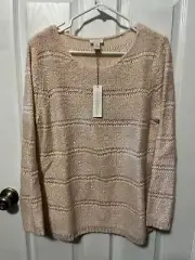 Chico’s LIGHT PINK PEARLESCENT STRIPE BOAT NECK DRESSY SWEATER NWT SIZE 2