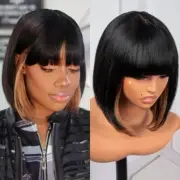 Human Hair short Bob Wig With Bangs - 10 Inch Black Mix Brown S (10 Inch, SH30)