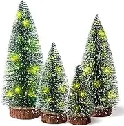 Hatisan 4pcs Mini Christmas Trees with Light, Artificial Christmas Tree Bottle Brush Trees with Wooden Base for Christmas Decor Party Home Table Holiday