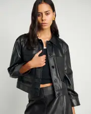 [Jag] Jag Women's Dahlia Leather Crop Shacket In Black Size 16 16 Black
