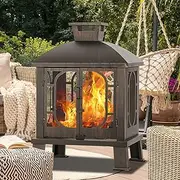 Panovue 45" H×31''W Metal Chiminea Fire Pit with Grill, Wood Burning Fire Pits for Outside,Square Chimineas Fireplace with Mesh Spark Screen Door& Fire Poker for Garden,Yard,BBQ,Bonfire
