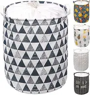 [Tanstic] 1Pc Freestanding Laundry Basket with Blue Triangle Pattern, Foldable Large Drawstring Clothes Hamper Collapsible Fabric Bag with Leather Handle for Clothes Washing (15.7x19.6 Inch)
