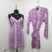 Natori Sleepwear Sateen Chemise Gown & Robe Dress Set Purple Snake Print Size S