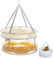 Flat Clothes Drying Rack | Foldable 2-Tier Sweater Dryer with Hook Drying Rack - Space Saving Laundry Basket Mesh Dry Hanger for Socks & Underwear