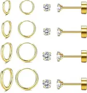 [Sanfenly] 8 Pairs Stainless Steel Earrings Sets for Multiple Piercing, Small Huggie Hoop Earrings Flat Back Tiny Ball CZ Stud Earring, 14K Gold Plated Cartilage Helix Earrings Inner Diameter 6-12MM, CZ Diameter 2-3MM