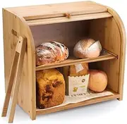 9SHOME Bread Box with Bread Clip, 2 Layer Bamboo Bread Bin for Kitchen Countertop, Extra Large Capacity Bread Keeper, Farmhouse Food Storage Roll Top with Removeable Chopping Board, For Bread, Muffins