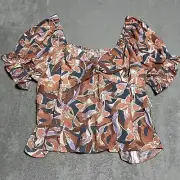 Nine West Top Womens 4X Floral Twist Front Puff Sleeve Smocked Back Beach