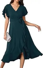 [CICIDUDU] Womens Wedding Guest Midi Dress Flutter Sleeve V Neck Wrap High Low Bridesmaid Cocktail Formal Dresses for Women