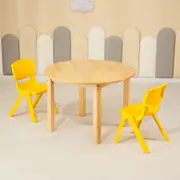 80CM Round Wooden Kids Table and 2 Yellow Chairs Set Pinewood Timber Childrens Desk