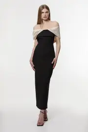 Clean Tailored Taffeta Mix Contrast Drama Sleeve Maxi Dress