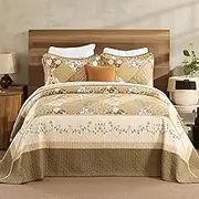 FineStichery Farmhouse Queen Bedspread 120"x102", 100% Cotton Oversized Quilt, Extra Large Quilt with 2 Pillow Shams, Lightweight Reversible Floral Quilted Bedspreads, Beige/Brown