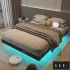 Floating Bed Frame Queen Size with LED Lights and Charging Station, Black PU