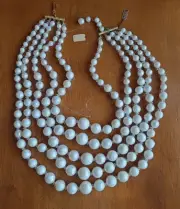 Vintage Jewels By TRIFARI 5 Multistrand White Bead Crystal Necklace W/Tag NOS