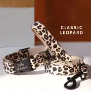Leopard Dog Collar & Leash Set – Custom Engraved, Adjustable, XS to XL, Cotton