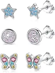[Kakonia] 3 Pairs 925 Sterling Silver Small Studs Earrings for Girls Kids Butterfly Heart Flower Cubic Zirconia Cartilage Earrings Set for Women Children Hypoallergenic Stud Sleeper Earrings Set