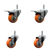 3 Inch Orange Poly Wheel Swivel 7/16 Inch Stem Caster Set 2 Total Lock Brake