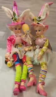 2pc Cynthia Rowley 16" Easter Elf Doll Shelf Sitter Pair Pink Bunny Ears Shoes