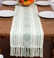 Table Runner Cloth Bohemian Striped 13.5" x 71" Green/White *NEW IN PACKAGE*