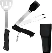 4-In-1 Folding Collapsible Swiss Camping Grilling Tool, Turner, Brush, Fork, Cor