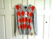 Tommy Hilfiger Gray/Orange Argyle Pima Cotton Sweater Size XS