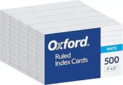 Oxford Index Cards, 500 Pack, 3x5 Index Cards, Ruled on Front, Blank on Back, White, 5 Packs of 100 Shrink Wrapped Cards (40176)