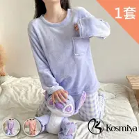 在飛比找momo購物網優惠-【Kosmiya】1套 素色格紋法蘭絨珊瑚絨睡衣居家服(多色