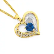 9ct Gold,, Created Sapphire & Diamond Filigree Open Heart Pendant in Blue