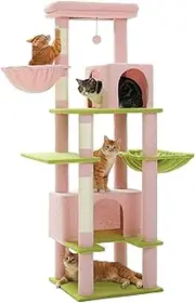 PAWZ Road 168cm Cat Tree for Indoor Large Cats, Multi-Level Cat Tower with Scratching Post, Super Large Hammock, Basket, 2 Cave Condos and Spacious Top Perch,Pink