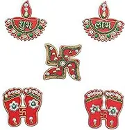 Acrylic Red Diya Diwali Shubh Labh with Laxmi Charan Paduka Feet Pagala Diwali Door Rangoli Floor Decorations Table Decoration Studded Stones Sequins Traditional Festive Home Door Floor Décor