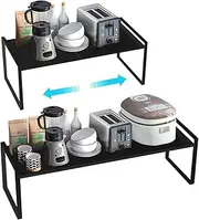PASRLD Expandable Cabinet Shelf Organizers, Kitchen Cabinet Organizer Shelves Spice Rack Cupboard Organizers Storage, 14.1 to 23.6 Inch Metal Plate Shelves (Black, 9Inches)