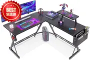 L-Shaped Gaming Desk with Monitor Stand, Storage Bag & Headphone Hook, Black